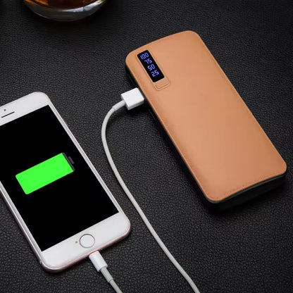 10,000 mAh Leather-Textured Power Bank – 3 USB Ports & LED Flashlight